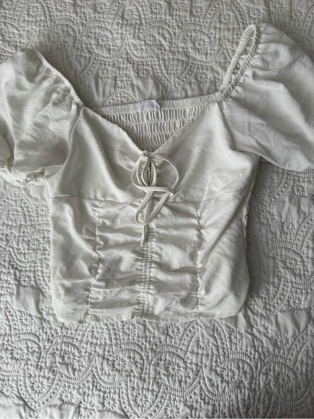 Sienna Sky Ivory Puff-Sleeve Tie-Front Crop Top